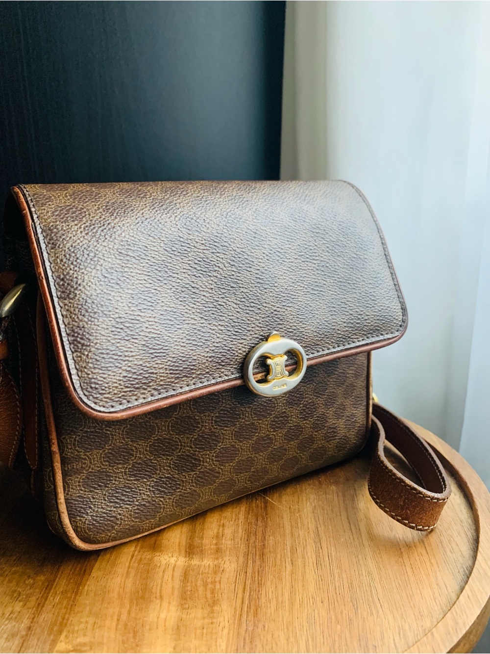 Celine Triomphe Macadam Monogram Canvas Mini Crossbody Brown with Tan Trim - Picture 4 of 15